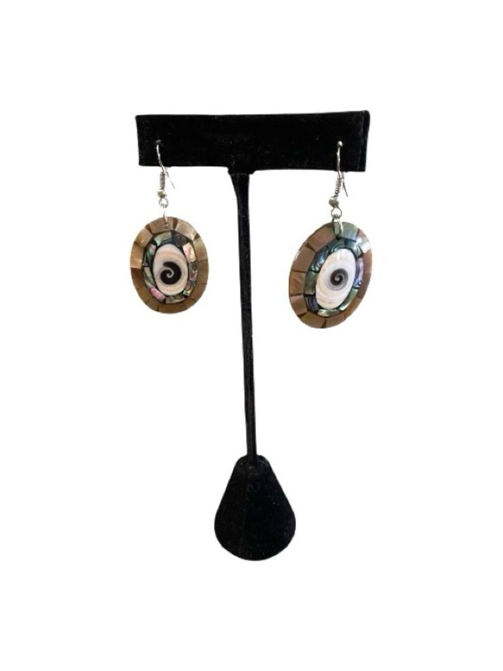Iridescent Paua Abalone Natural Shell Swirl Earrings, Handmade Shiva Eye Center